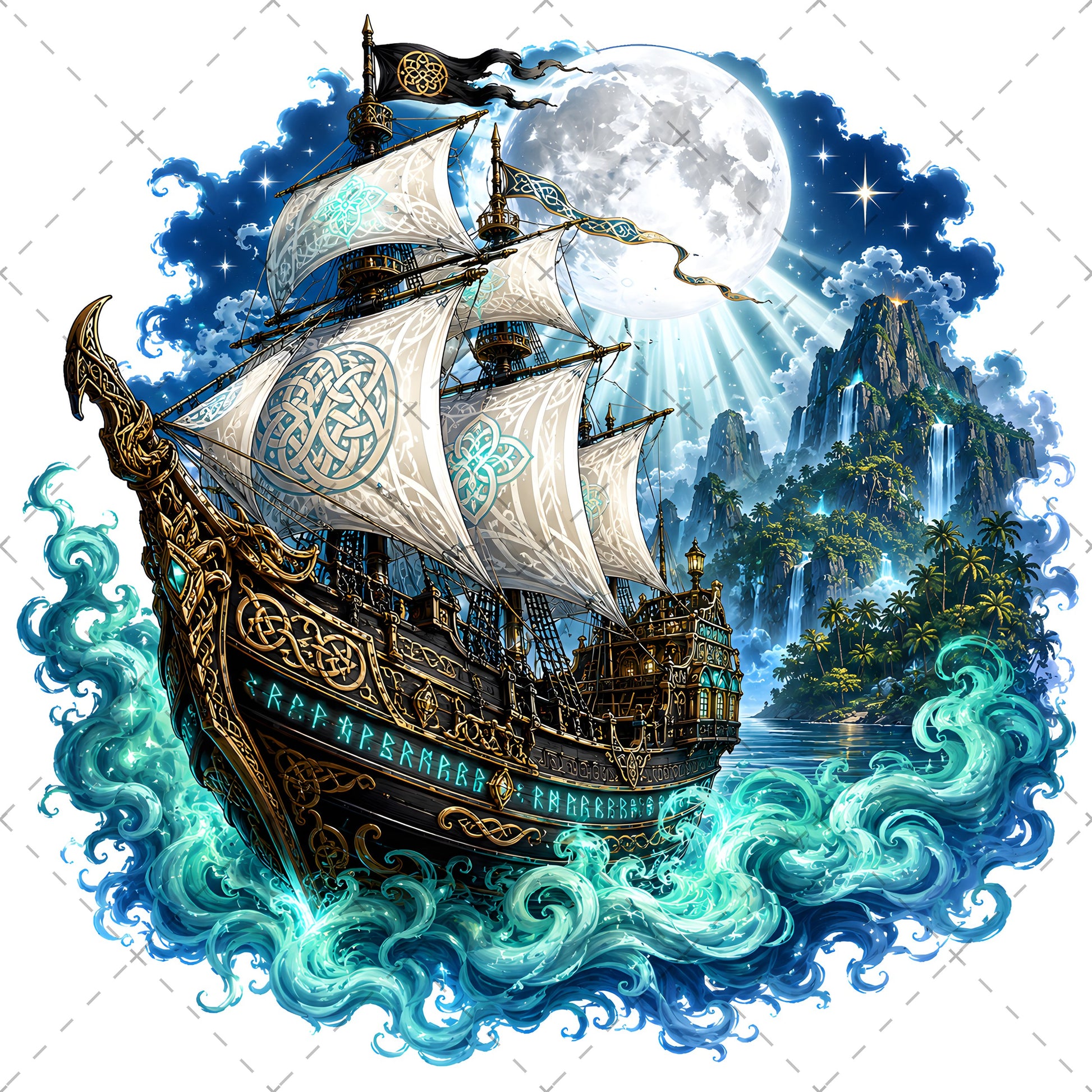 Pirate Ship PNG Fantasy Galleon Sublimation Design Glowing Moon Nautical Clipart Commercial Use, digital download pir, waterfall island art, spanish galleon art, PNG, digital download, high resolution