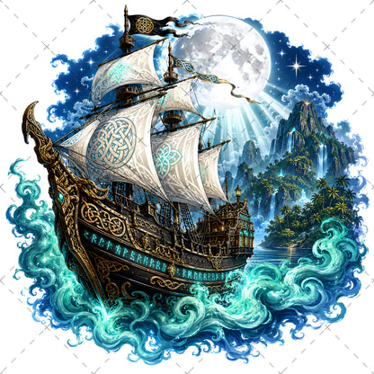 Pirate Ship PNG Fantasy Galleon Sublimation Design Glowing Moon Nautical Clipart Commercial Use, digital download pir, waterfall island art, spanish galleon art, PNG, digital download, high resolution