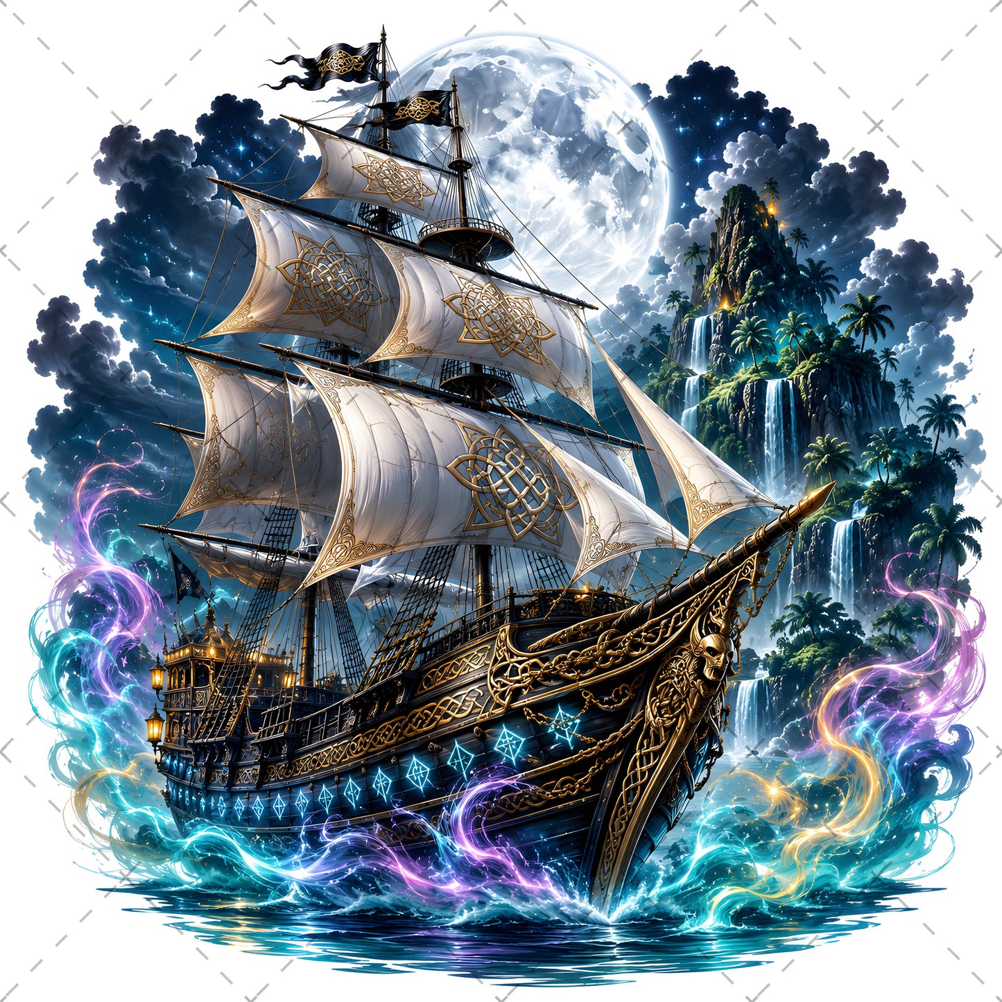 Pirate Ship PNG Fantasy Galleon Sublimation Design Glowing Moon Nautical Clipart Commercial Use, glowing moon art, moonlit ocean, ship sublimation, PNG, digital download, high resolution