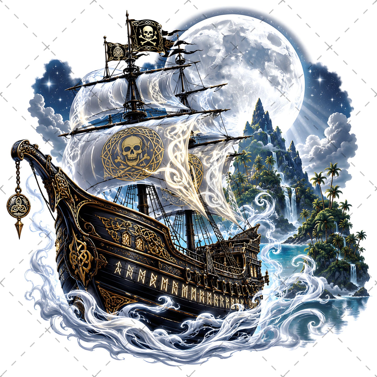 Pirate Ship PNG Fantasy Galleon Sublimation Design Glowing Moon Nautical Clipart Commercial Use, high res png, nautical wall art, tropical island fant, PNG, digital download, high resolution