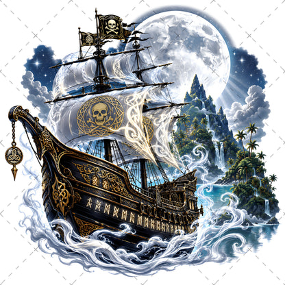 Pirate Ship PNG Fantasy Galleon Sublimation Design Glowing Moon Nautical Clipart Commercial Use, high res png, nautical wall art, tropical island fant, PNG, digital download, high resolution