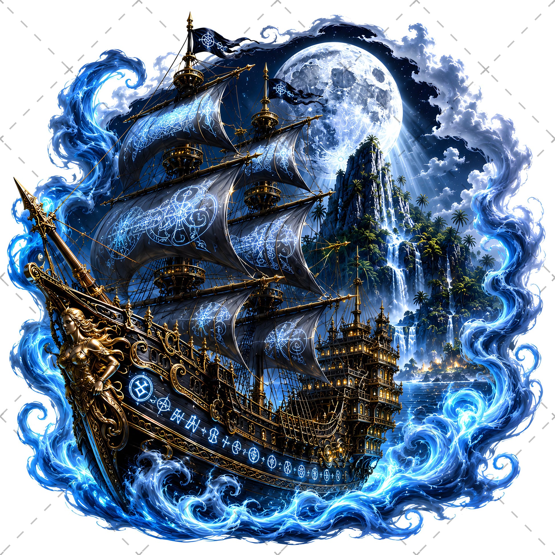 Pirate Ship PNG Fantasy Galleon Sublimation Design Glowing Moon Nautical Clipart Commercial Use, ocean fantasy print, digital download pir, waterfall island art, PNG, digital download, high resolution