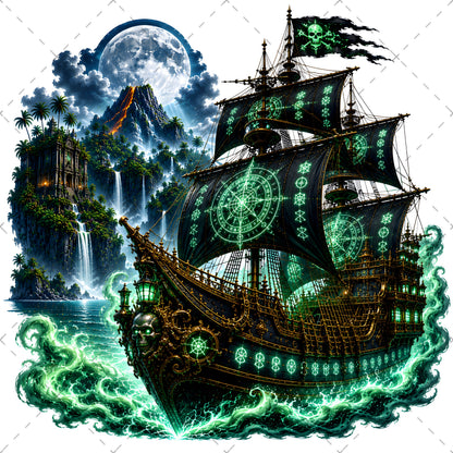Pirate Ship PNG Fantasy Galleon Sublimation Design Glowing Moon Nautical Clipart Commercial Use, spanish galleon art, magical pirate, pirate ship png, PNG, digital download, high resolution