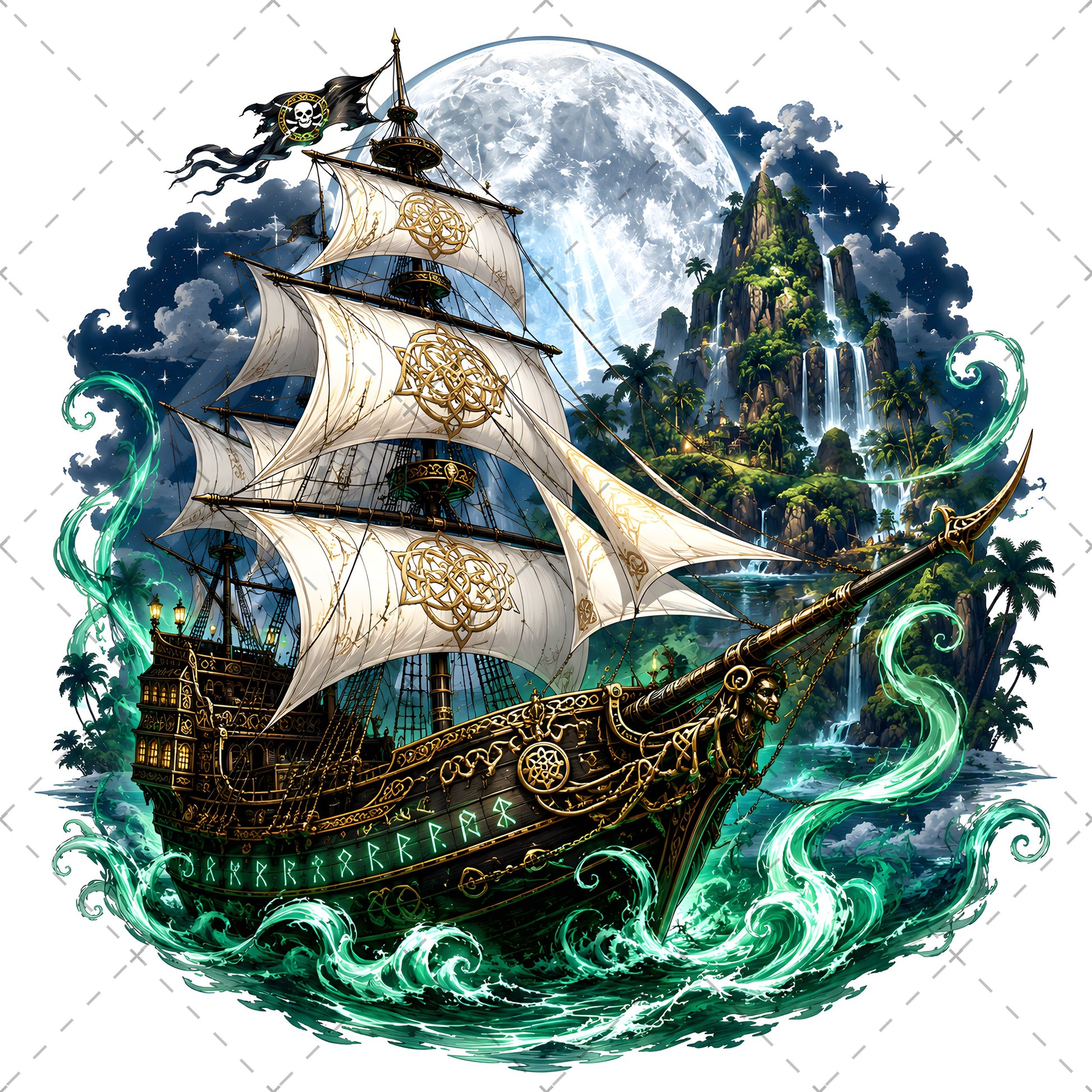 Pirate Ship PNG Fantasy Galleon Sublimation Design Glowing Moon Nautical Clipart Commercial Use, dreamy seascape, glowing moon art, moonlit ocean, PNG, digital download, high resolution