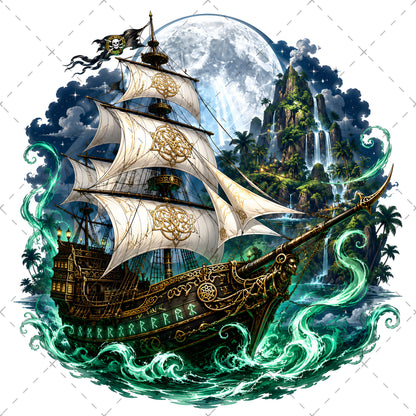 Pirate Ship PNG Fantasy Galleon Sublimation Design Glowing Moon Nautical Clipart Commercial Use, dreamy seascape, glowing moon art, moonlit ocean, PNG, digital download, high resolution