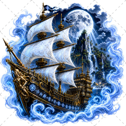 Pirate Ship PNG Fantasy Galleon Sublimation Design Glowing Moon Nautical Clipart Commercial Use, ship sublimation, high res png, nautical wall art, PNG, digital download, high resolution
