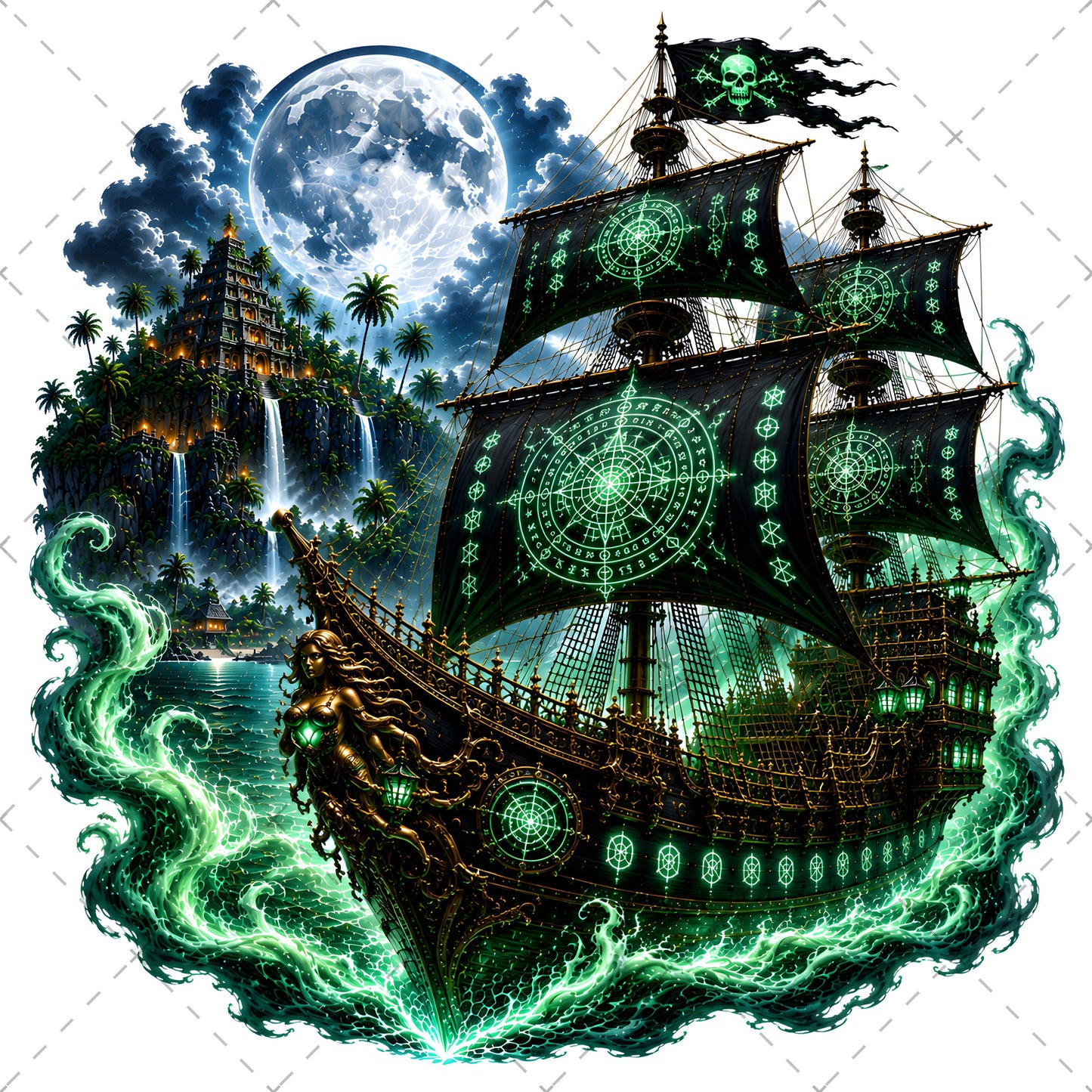 Pirate Ship PNG Fantasy Galleon Sublimation Design Glowing Moon Nautical Clipart Commercial Use, tropical island fant, ocean fantasy print, digital download pir, PNG, digital download, high resolution