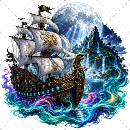 Pirate Ship PNG Fantasy Galleon Sublimation Design Glowing Moon Nautical Clipart Commercial Use, waterfall island art, spanish galleon art, magical pirate, PNG, digital download, high resolution