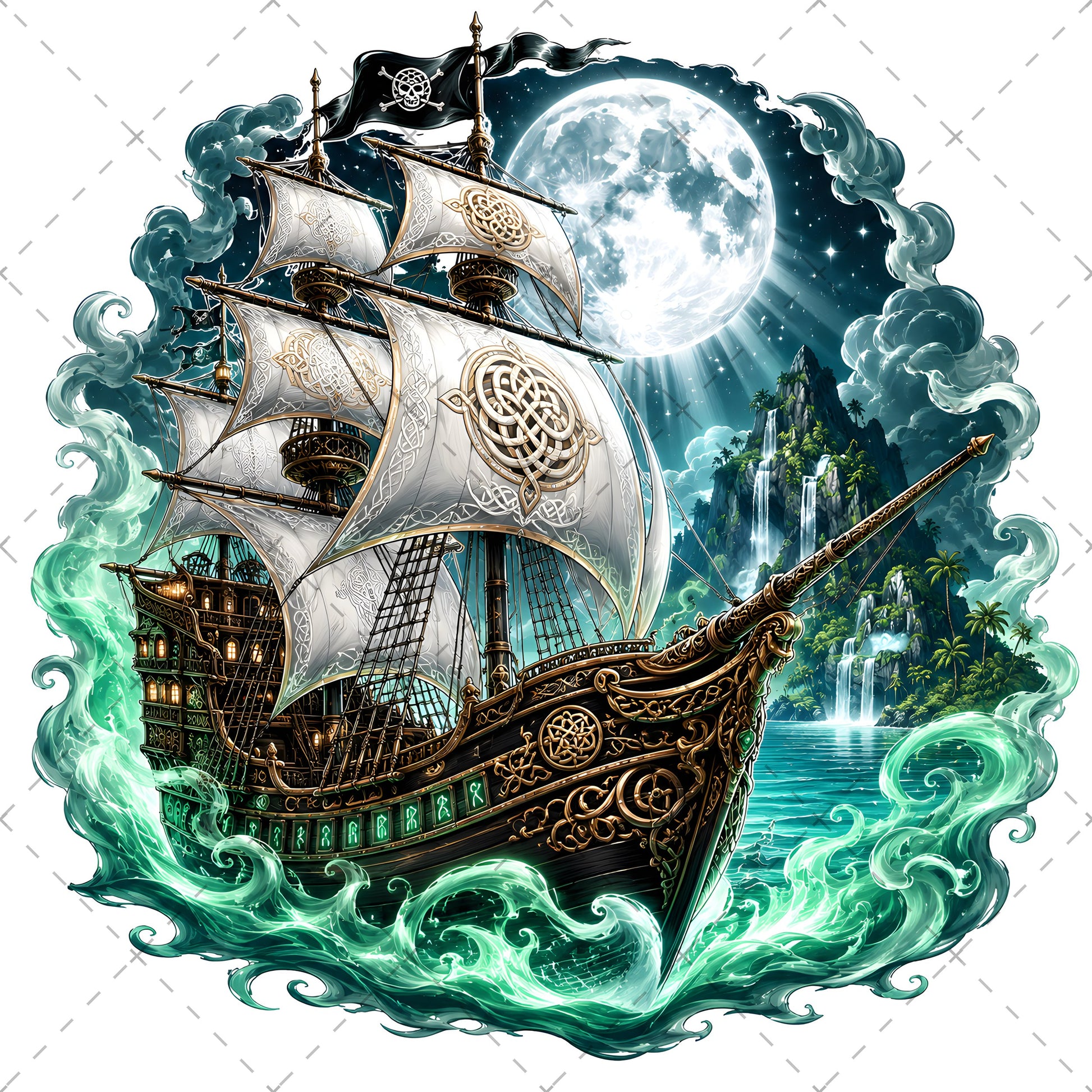 Pirate Ship PNG Fantasy Galleon Sublimation Design Glowing Moon Nautical Clipart Commercial Use, moonlit ocean, ship sublimation, high res png, PNG, digital download, high resolution