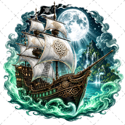 Pirate Ship PNG Fantasy Galleon Sublimation Design Glowing Moon Nautical Clipart Commercial Use, moonlit ocean, ship sublimation, high res png, PNG, digital download, high resolution