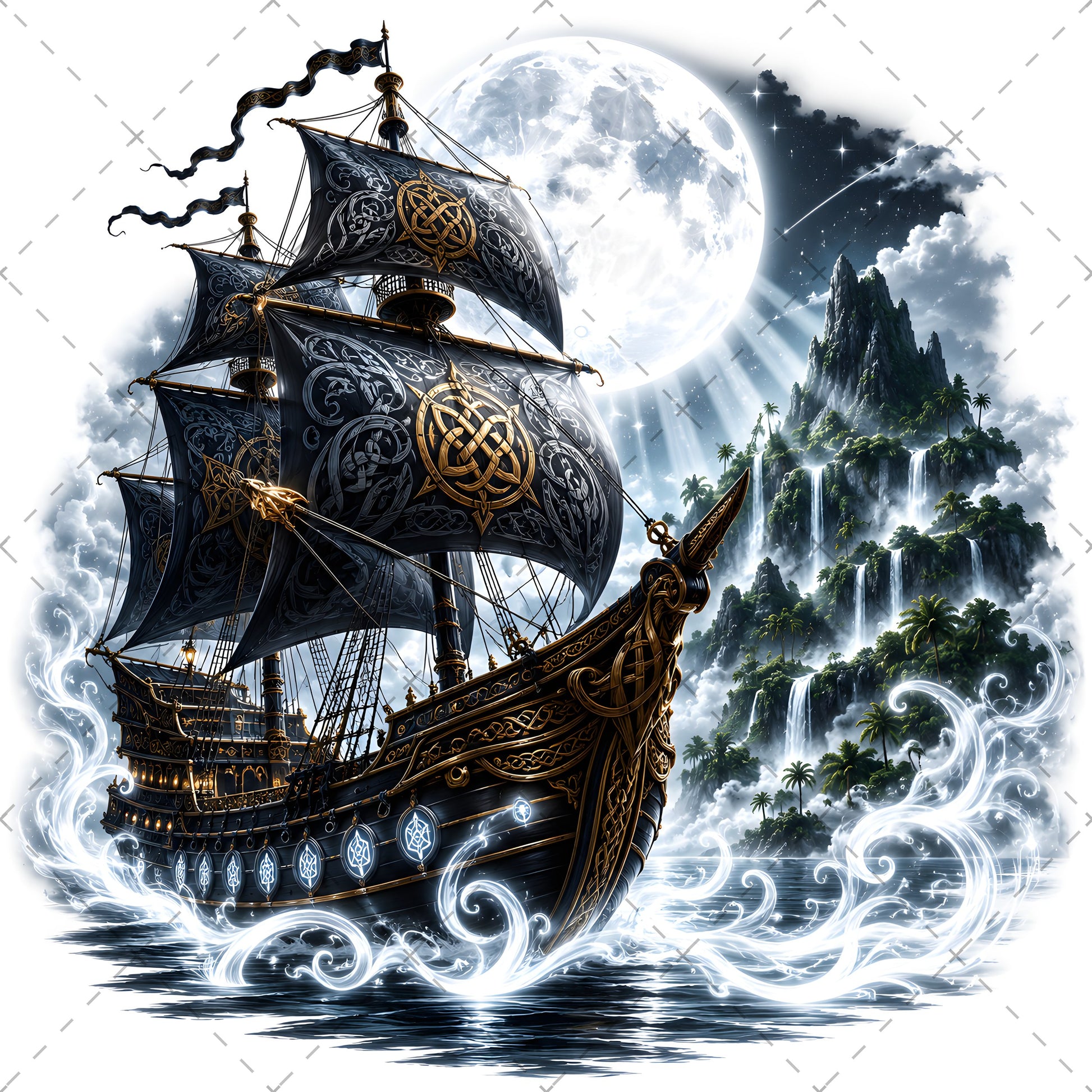 Pirate Ship PNG Fantasy Galleon Sublimation Design Glowing Moon Nautical Clipart Commercial Use, nautical wall art, tropical island fant, ocean fantasy print, PNG, digital download, high resolution