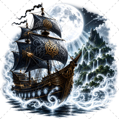 Pirate Ship PNG Fantasy Galleon Sublimation Design Glowing Moon Nautical Clipart Commercial Use, nautical wall art, tropical island fant, ocean fantasy print, PNG, digital download, high resolution