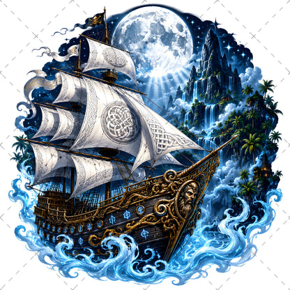 Pirate Ship PNG Fantasy Galleon Sublimation Design Glowing Moon Nautical Clipart Commercial Use, digital download pir, waterfall island art, spanish galleon art, PNG, digital download, high resolution