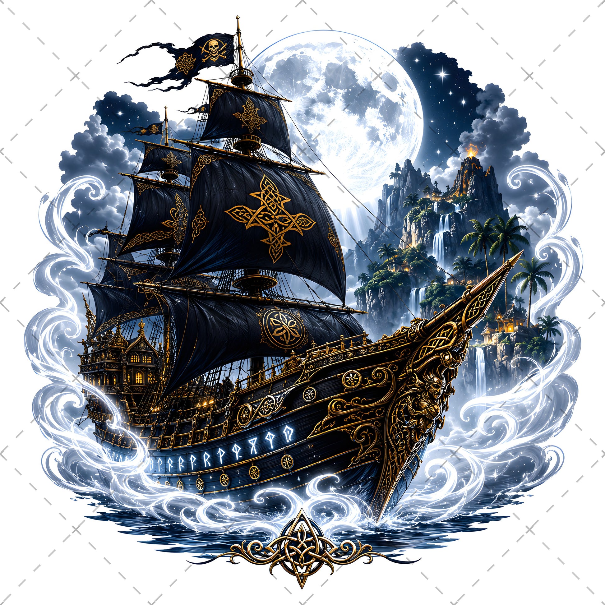Pirate Ship PNG Fantasy Galleon Sublimation Design Glowing Moon Nautical Clipart Commercial Use, magical pirate, pirate ship png, dreamy seascape, PNG, digital download, high resolution