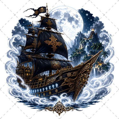 Pirate Ship PNG Fantasy Galleon Sublimation Design Glowing Moon Nautical Clipart Commercial Use, magical pirate, pirate ship png, dreamy seascape, PNG, digital download, high resolution