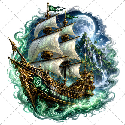 Pirate Ship PNG Fantasy Galleon Sublimation Design Glowing Moon Nautical Clipart Commercial Use, glowing moon art, moonlit ocean, ship sublimation, PNG, digital download, high resolution