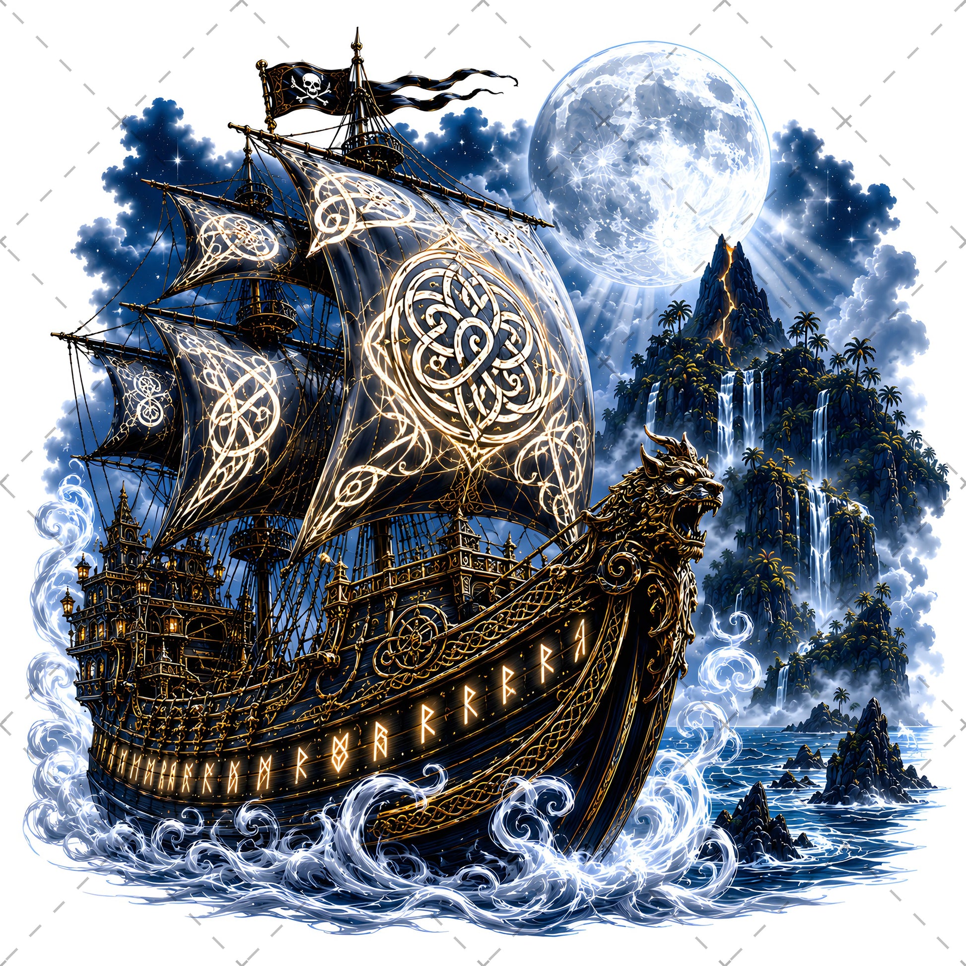 Pirate Ship PNG Fantasy Galleon Sublimation Design Glowing Moon Nautical Clipart Commercial Use, high res png, nautical wall art, tropical island fant, PNG, digital download, high resolution