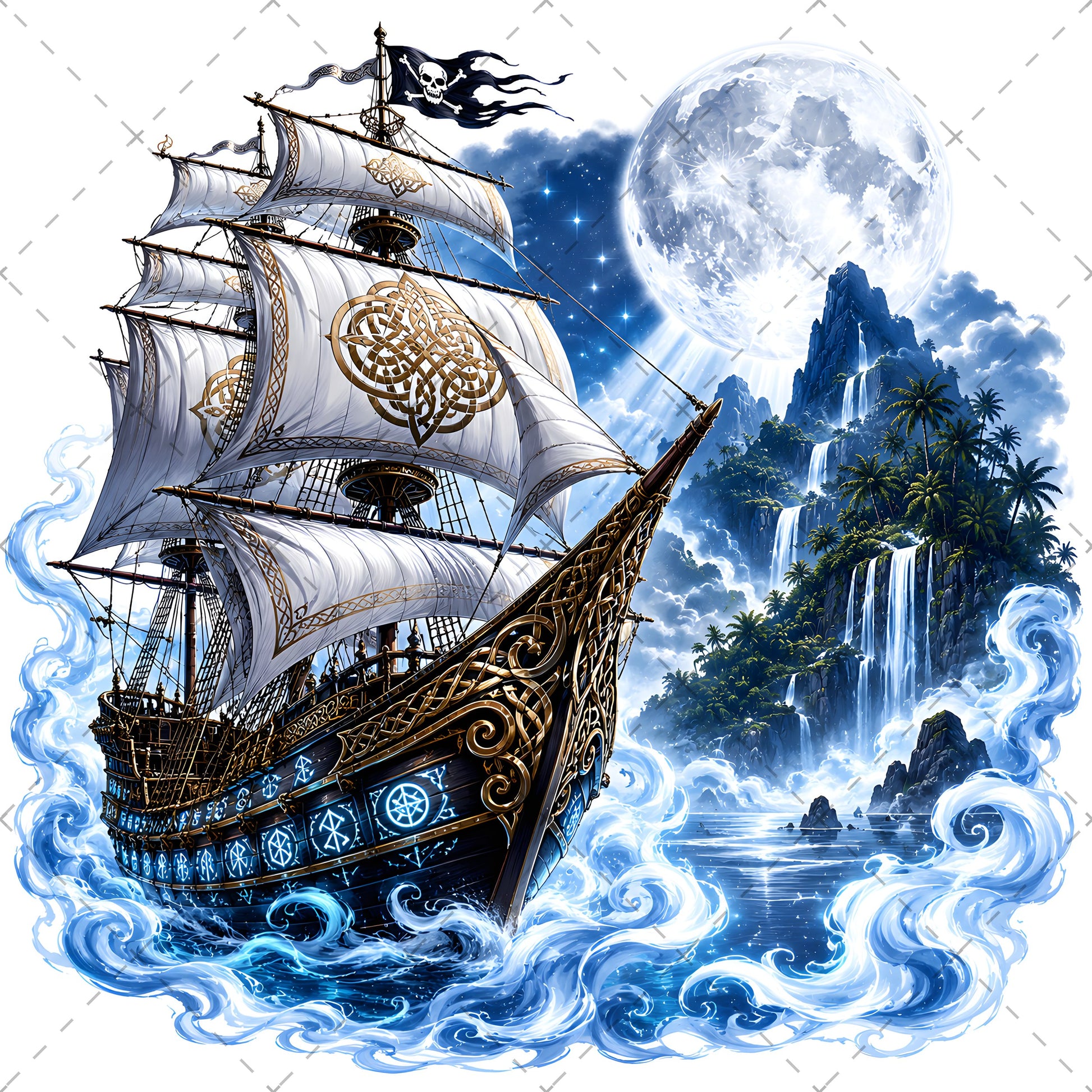 Pirate Ship PNG Fantasy Galleon Sublimation Design Glowing Moon Nautical Clipart Commercial Use, ocean fantasy print, digital download pir, waterfall island art, PNG, digital download, high resolution