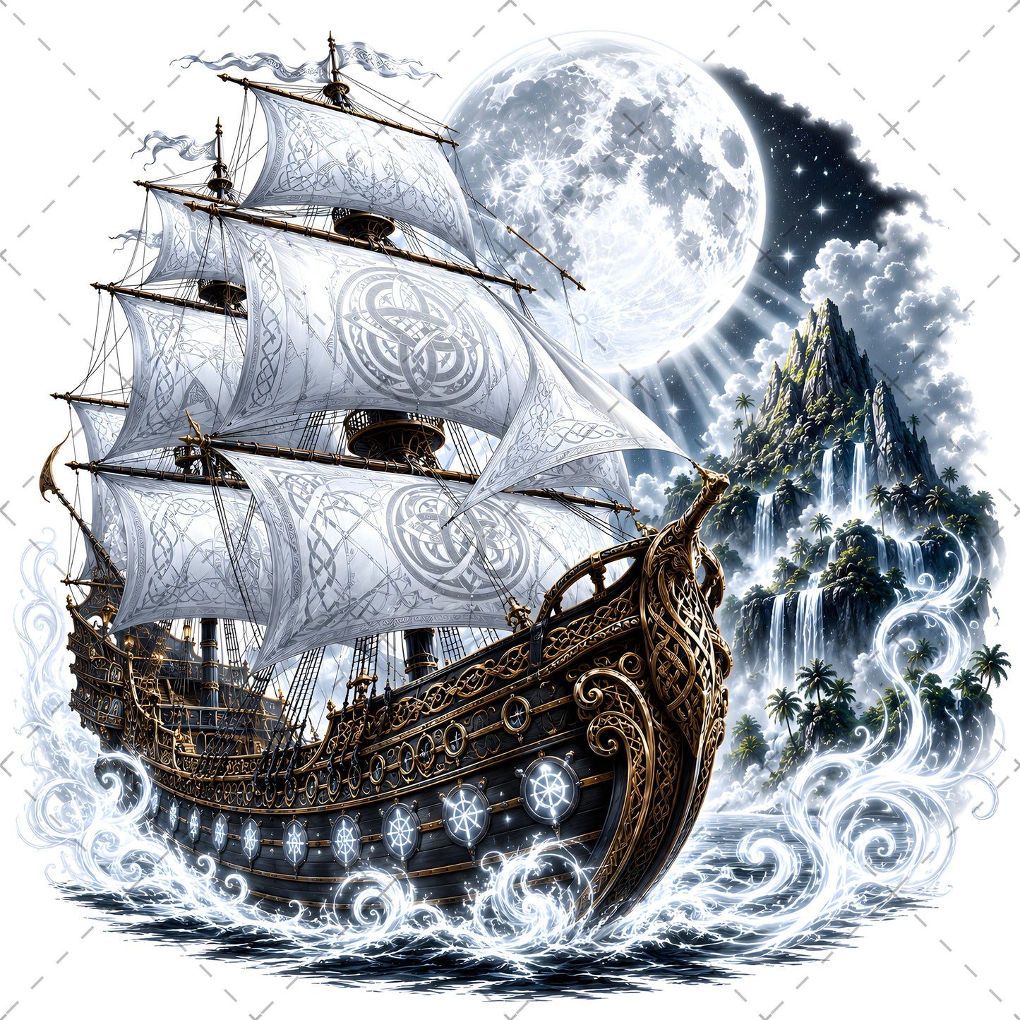Pirate Ship PNG Fantasy Galleon Sublimation Design Glowing Moon Nautical Clipart Commercial Use, spanish galleon art, magical pirate, pirate ship png, PNG, digital download, high resolution