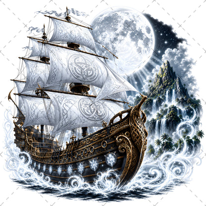 Pirate Ship PNG Fantasy Galleon Sublimation Design Glowing Moon Nautical Clipart Commercial Use, spanish galleon art, magical pirate, pirate ship png, PNG, digital download, high resolution