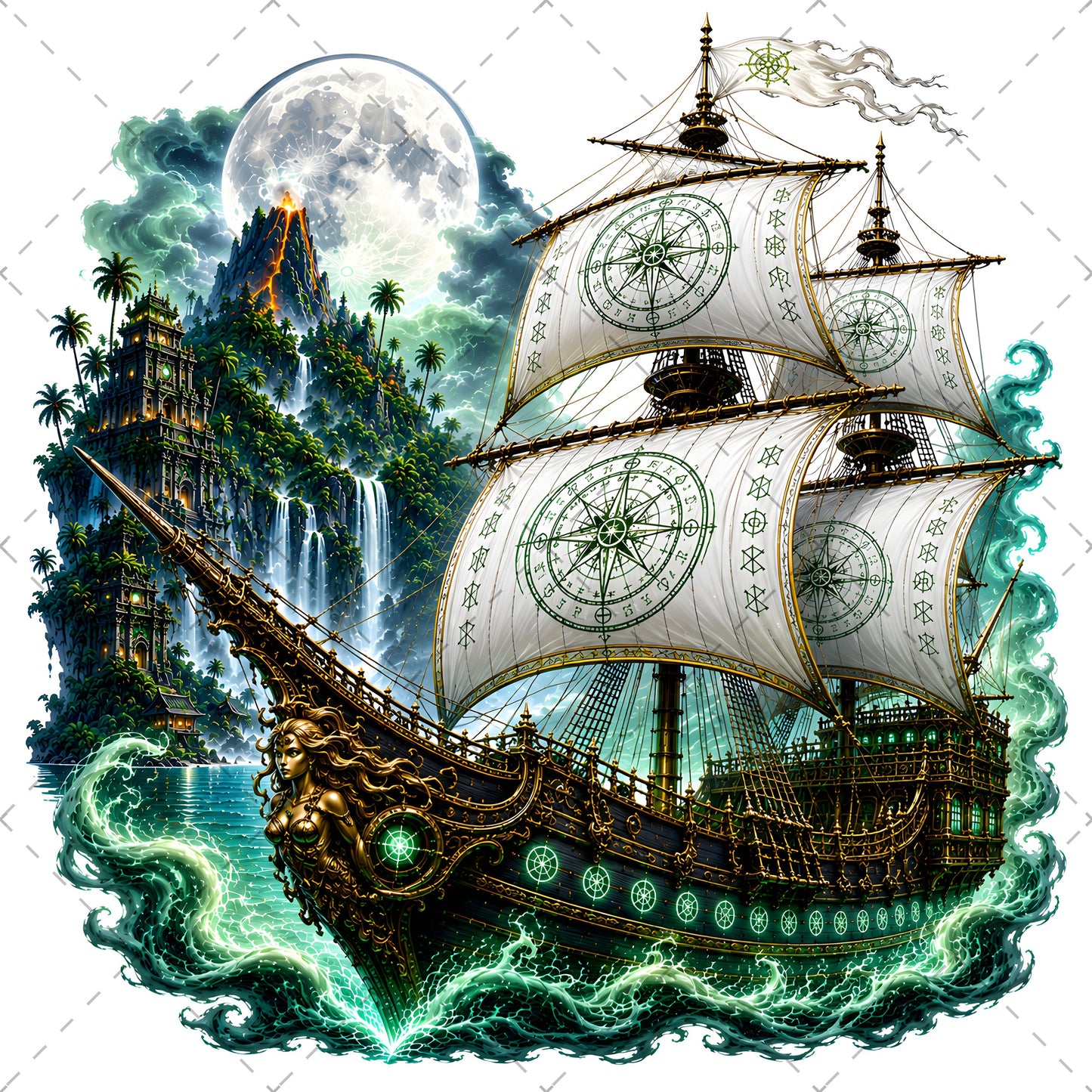 Pirate Ship PNG Fantasy Galleon Sublimation Design Glowing Moon Nautical Clipart Commercial Use, dreamy seascape, glowing moon art, moonlit ocean, PNG, digital download, high resolution