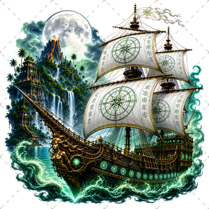 Pirate Ship PNG Fantasy Galleon Sublimation Design Glowing Moon Nautical Clipart Commercial Use, dreamy seascape, glowing moon art, moonlit ocean, PNG, digital download, high resolution