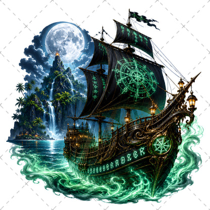 Pirate Ship PNG Fantasy Galleon Sublimation Design Glowing Moon Nautical Clipart Commercial Use, ship sublimation, high res png, nautical wall art, PNG, digital download, high resolution