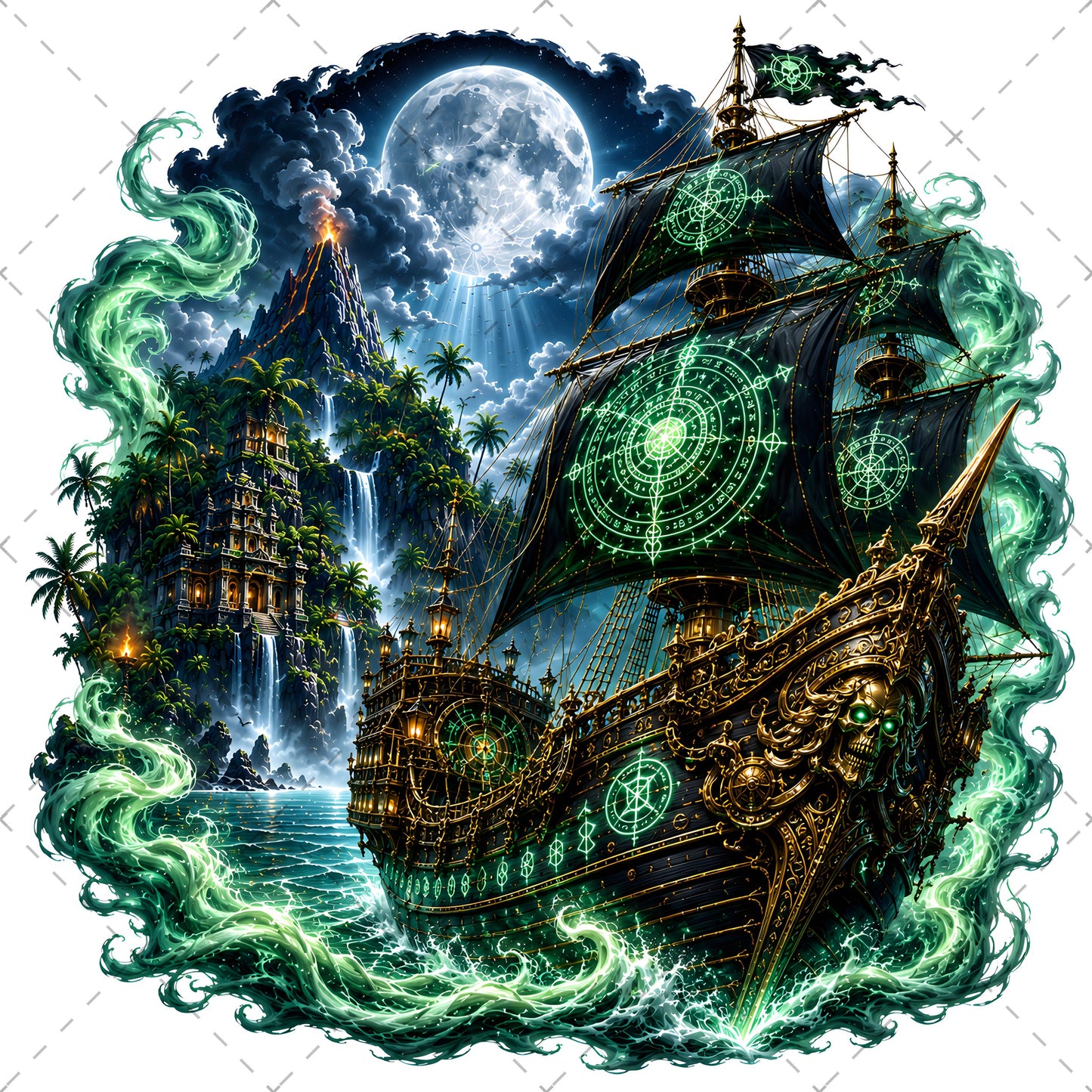 Pirate Ship PNG Fantasy Galleon Sublimation Design Glowing Moon Nautical Clipart Commercial Use, tropical island fant, ocean fantasy print, digital download pir, PNG, digital download, high resolution