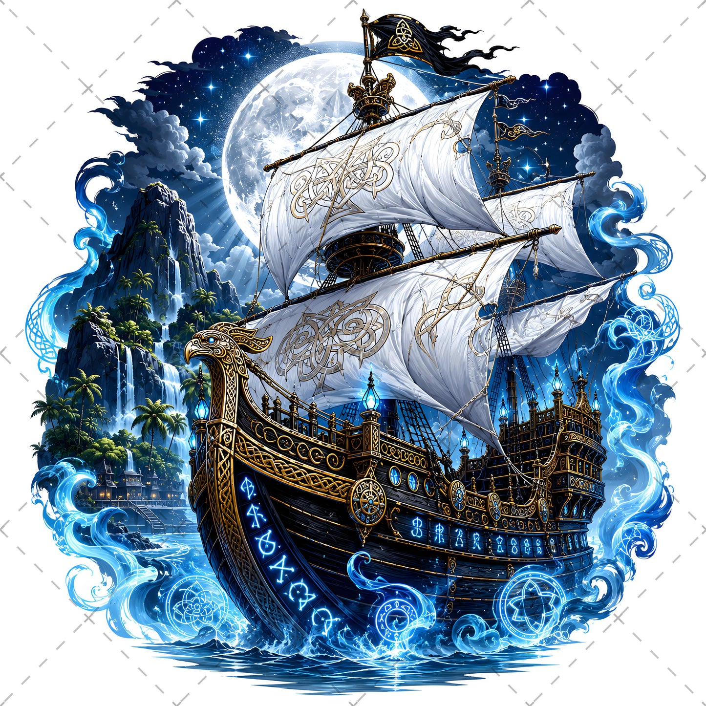 Pirate Ship PNG Fantasy Galleon Sublimation Design Glowing Moon Nautical Clipart Commercial Use, waterfall island art, spanish galleon art, magical pirate, PNG, digital download, high resolution