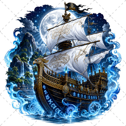 Pirate Ship PNG Fantasy Galleon Sublimation Design Glowing Moon Nautical Clipart Commercial Use, waterfall island art, spanish galleon art, magical pirate, PNG, digital download, high resolution