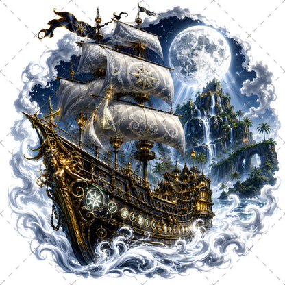 Pirate Ship PNG Fantasy Galleon Sublimation Design Glowing Moon Nautical Clipart Commercial Use, pirate ship png, dreamy seascape, glowing moon art, PNG, digital download, high resolution
