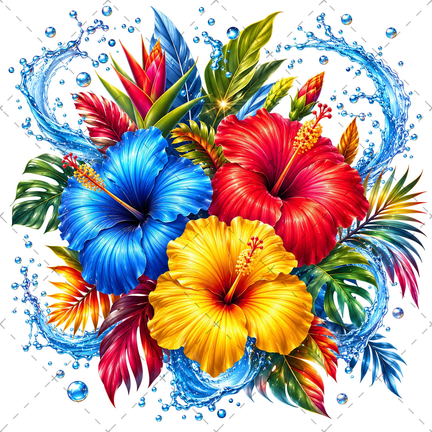 Tropical Hibiscus PNG Sublimation Design Vibrant Watercolor Flower Water Splash Clipart Commercial Use, monstera leaf clipar, vibrant tropical bou, tropical digital dow, PNG, digital download, high resolution