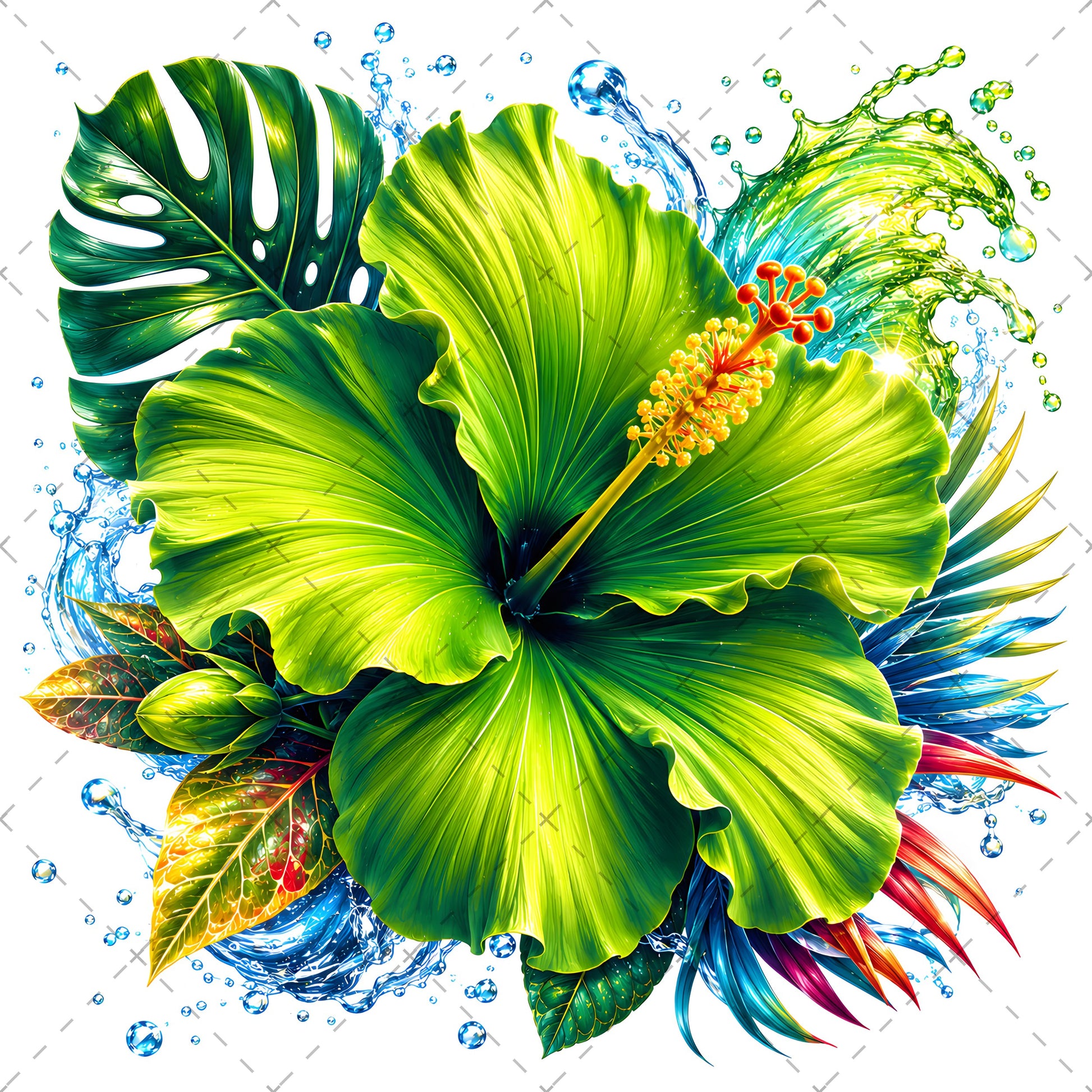 Tropical Hibiscus PNG Sublimation Design Vibrant Watercolor Flower Water Splash Clipart Commercial Use, aloha wall art, beach house decor, summer wall art, PNG, digital download, high resolution