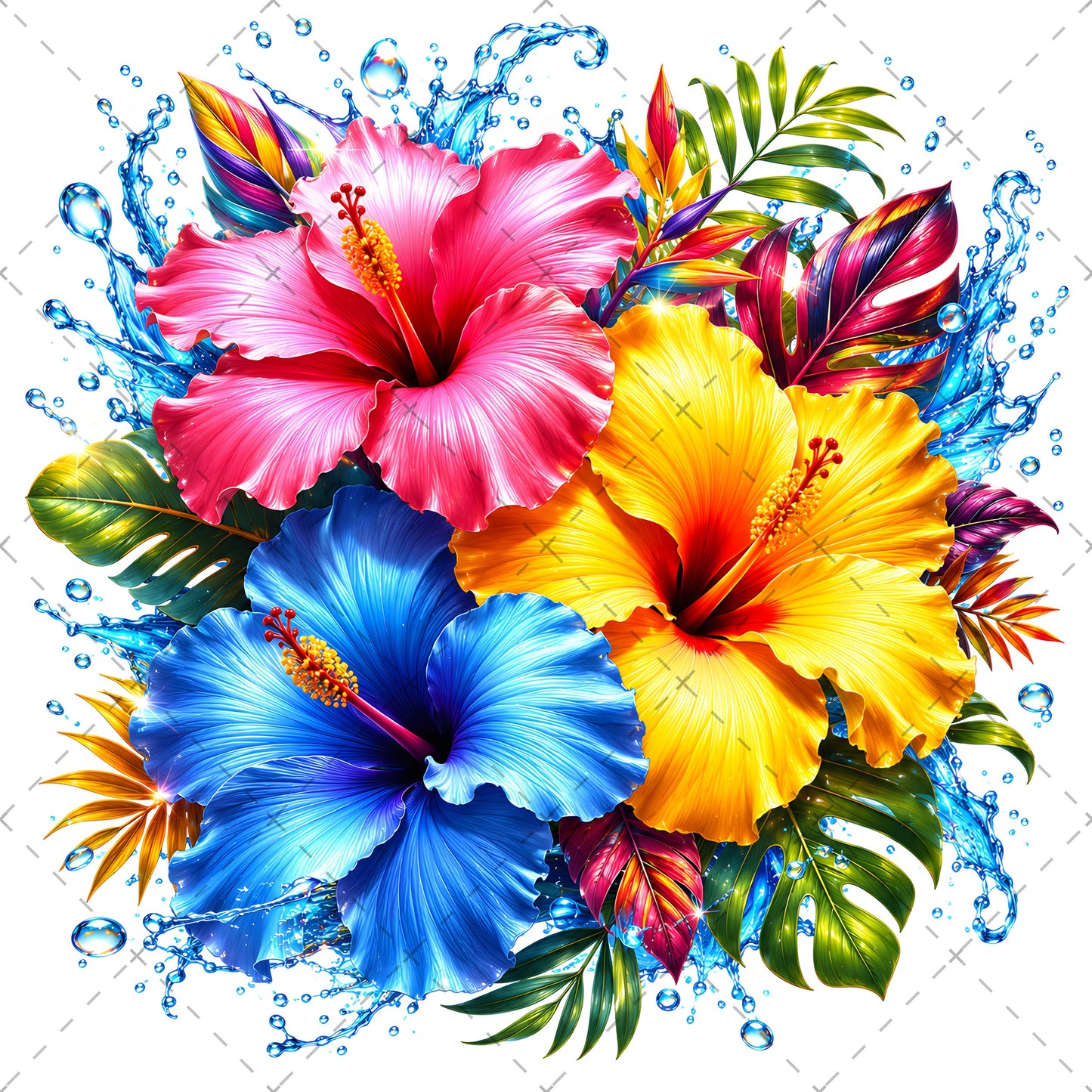 Tropical Hibiscus PNG Sublimation Design Vibrant Watercolor Flower Water Splash Clipart Commercial Use, paradise floral, hawaiian floral desi, summer beach clipart, PNG, digital download, high resolution