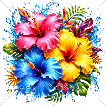Tropical Hibiscus PNG Sublimation Design Vibrant Watercolor Flower Water Splash Clipart Commercial Use, paradise floral, hawaiian floral desi, summer beach clipart, PNG, digital download, high resolution