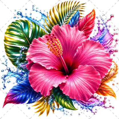 Tropical Hibiscus PNG Sublimation Design Vibrant Watercolor Flower Water Splash Clipart Commercial Use, water splash flower, monstera leaf clipar, vibrant tropical bou, PNG, digital download, high resolution