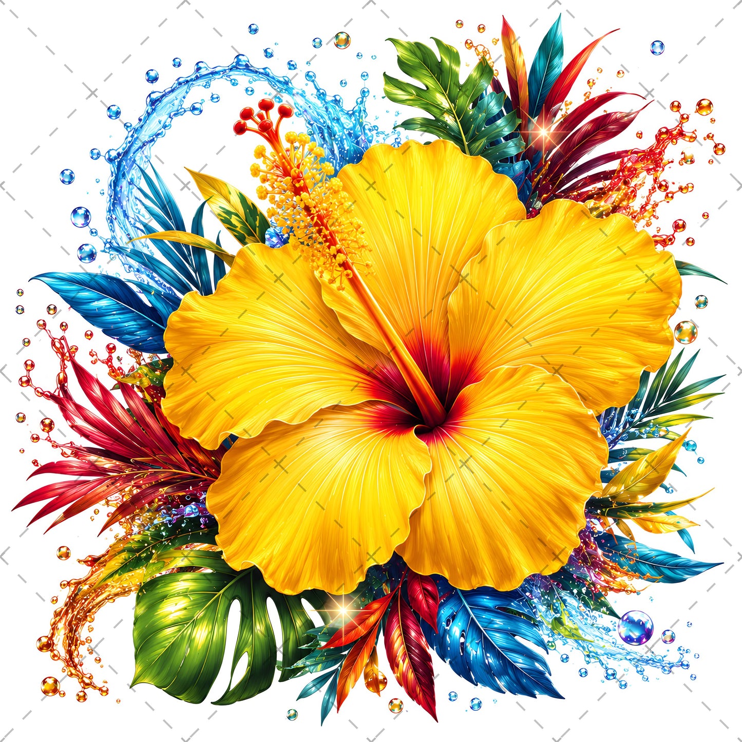 Tropical Hibiscus PNG Sublimation Design Vibrant Watercolor Flower Water Splash Clipart Commercial Use, tropical digital dow, aloha wall art, beach house decor, PNG, digital download, high resolution