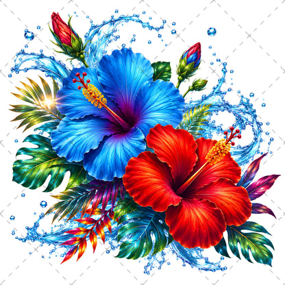 Tropical Hibiscus PNG Sublimation Design Vibrant Watercolor Flower Water Splash Clipart Commercial Use, summer wall art, water splash art, hibiscus flower png, PNG, digital download, high resolution