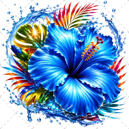 Tropical Hibiscus PNG Sublimation Design Vibrant Watercolor Flower Water Splash Clipart Commercial Use, hibiscus png, paradise floral, hawaiian floral desi, PNG, digital download, high resolution