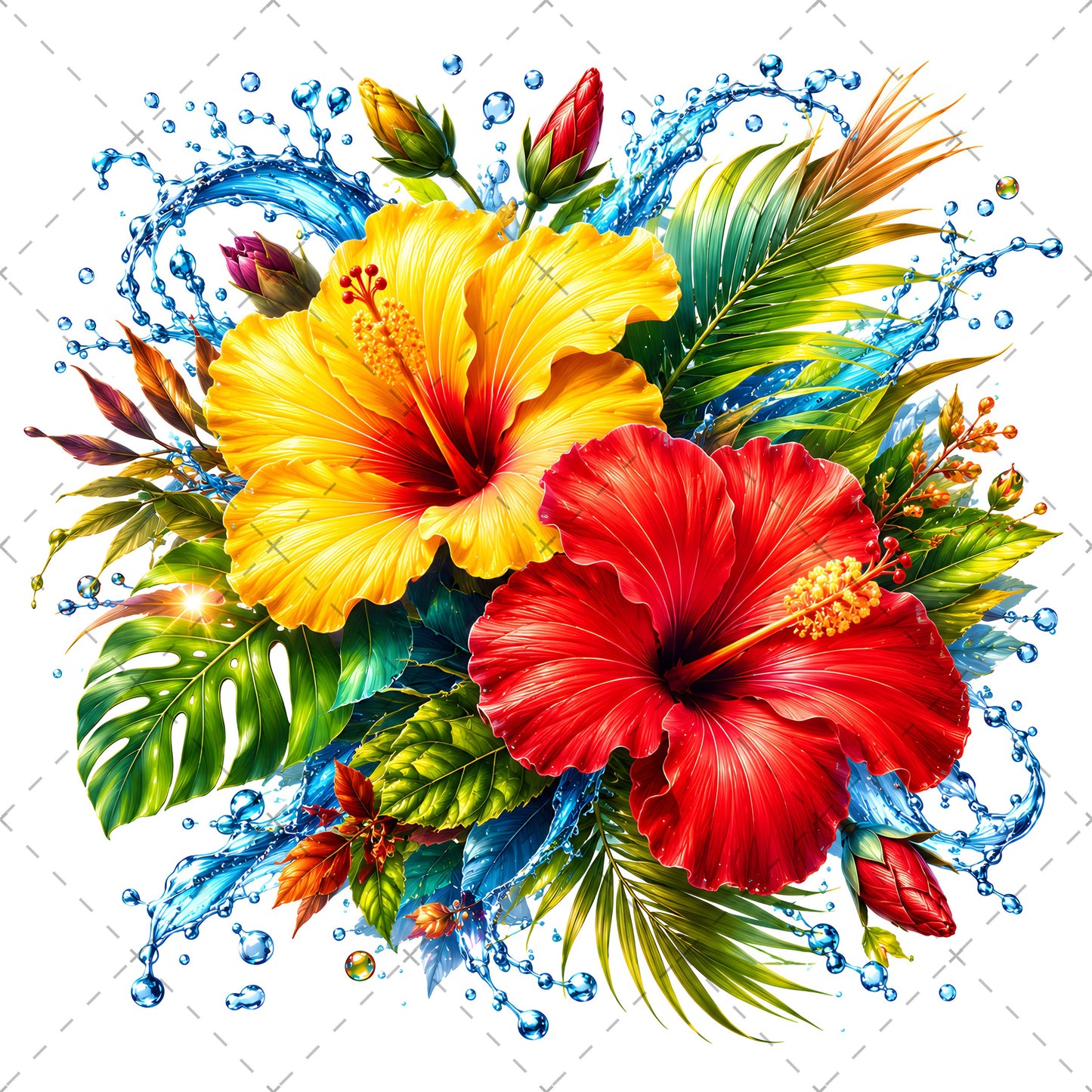 Tropical Hibiscus PNG Sublimation Design Vibrant Watercolor Flower Water Splash Clipart Commercial Use, summer beach clipart, water splash flower, monstera leaf clipar, PNG, digital download, high resolution
