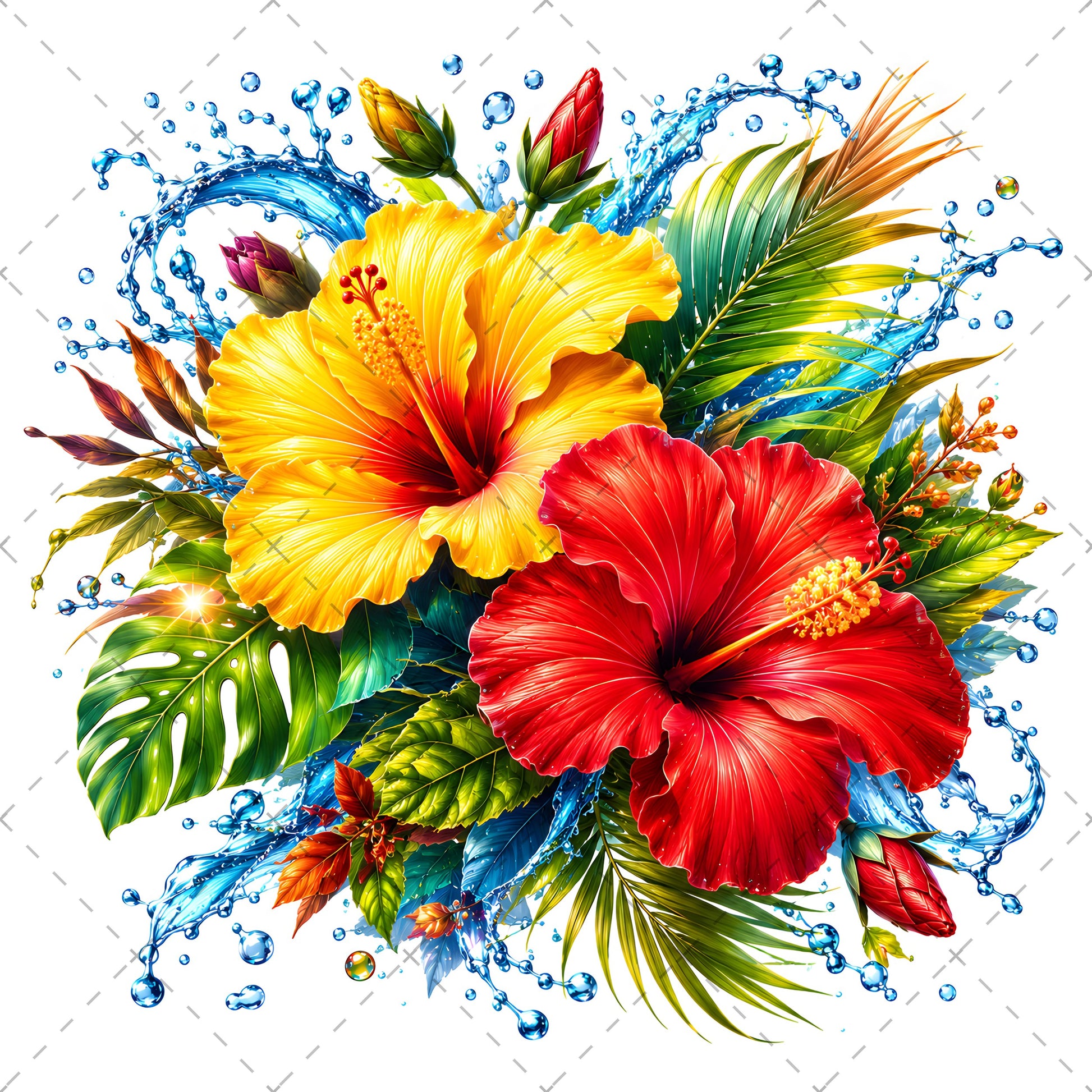 Tropical Hibiscus PNG Sublimation Design Vibrant Watercolor Flower Water Splash Clipart Commercial Use, summer beach clipart, water splash flower, monstera leaf clipar, PNG, digital download, high resolution
