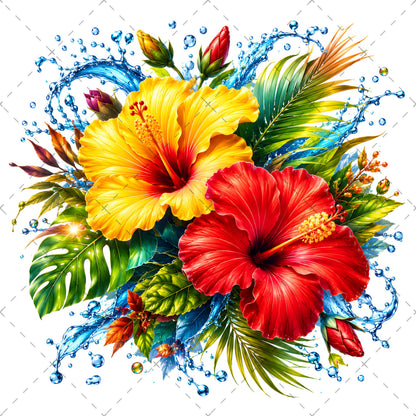 Tropical Hibiscus PNG Sublimation Design Vibrant Watercolor Flower Water Splash Clipart Commercial Use, summer beach clipart, water splash flower, monstera leaf clipar, PNG, digital download, high resolution
