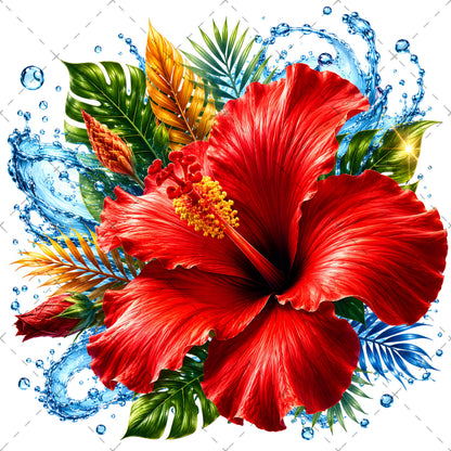 Tropical Hibiscus PNG Sublimation Design Vibrant Watercolor Flower Water Splash Clipart Commercial Use, vibrant tropical bou, tropical digital dow, aloha wall art, PNG, digital download, high resolution