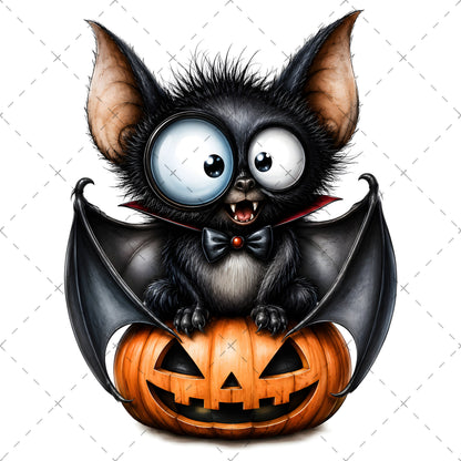 Halloween Bats Clipart, Whimsical Cartoon Pumpkins PNG, Sublimation Design, Cute Fall Commercial Use, POD Tshirt Mug Tum