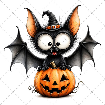 Halloween Bats Clipart, Whimsical Cartoon Pumpkins PNG, Sublimation Design, Cute Fall Commercial Use, POD Tshirt Mug Tum