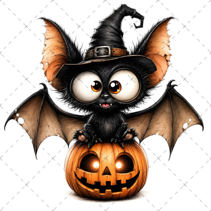 Halloween Bats Clipart, Whimsical Cartoon Pumpkins PNG, Sublimation Design, Cute Fall Commercial Use, POD Tshirt Mug Tum