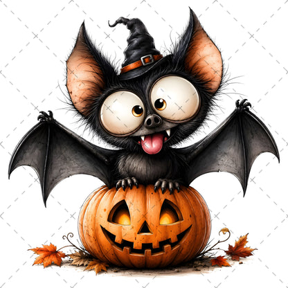 Halloween Bats Clipart, Whimsical Cartoon Pumpkins PNG, Sublimation Design, Cute Fall Commercial Use, POD Tshirt Mug Tum