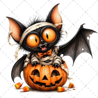 Halloween Bats Clipart, Whimsical Cartoon Pumpkins PNG, Sublimation Design, Cute Fall Commercial Use, POD Tshirt Mug Tum