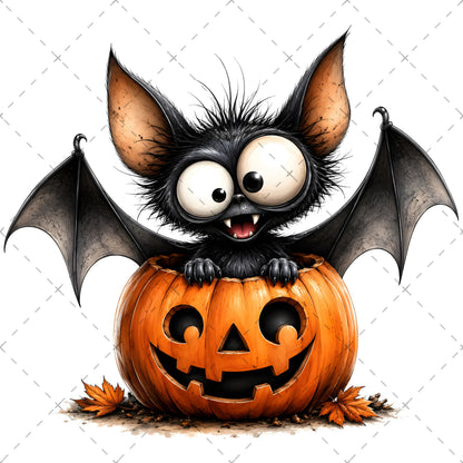 Halloween Bats Clipart, Whimsical Cartoon Pumpkins PNG, Sublimation Design, Cute Fall Commercial Use, POD Tshirt Mug Tum