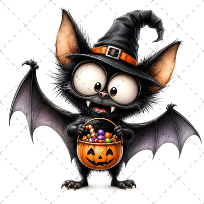 Halloween Bats Clipart, Whimsical Cartoon Pumpkins PNG, Sublimation Design, Cute Fall Commercial Use, POD Tshirt Mug Tum